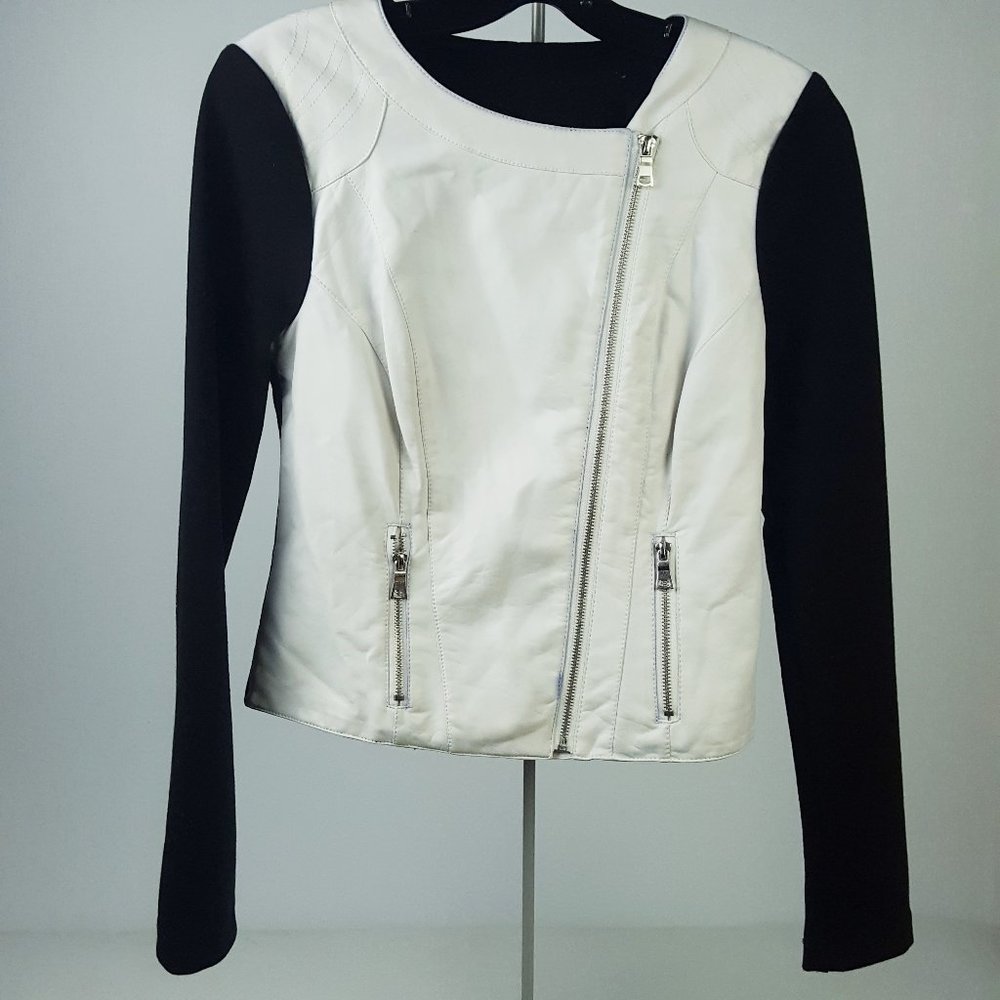 Guess Faux Leather Jacket White Black Zippered S